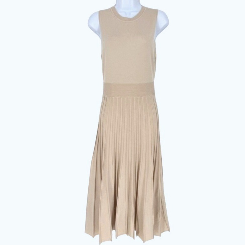 Sleeveless Cream Midi Pleated Knit Dress